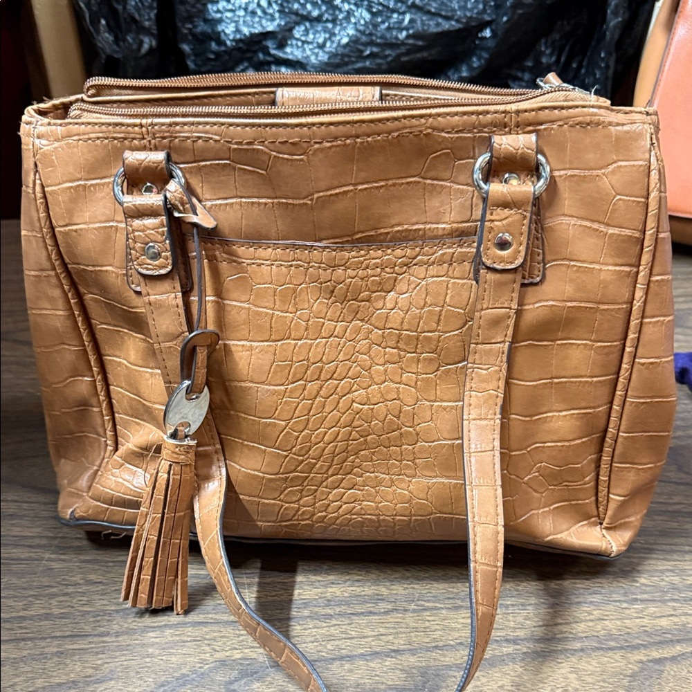 Gal Meets Glam Tan Crocodile-Embossed Satchel